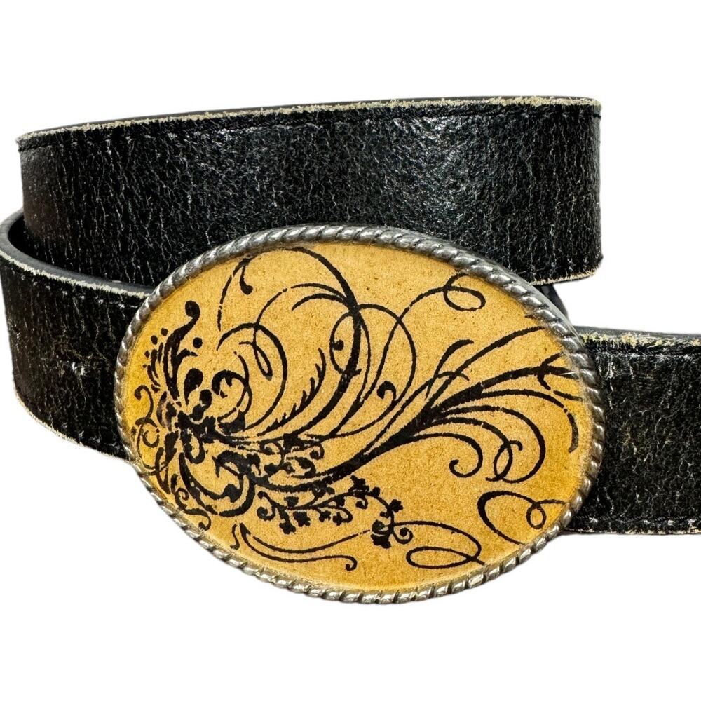 Boho Artisan Floral Buckle Black Distressed Leather Belt Small Western Cottage - Picture 2 of 5